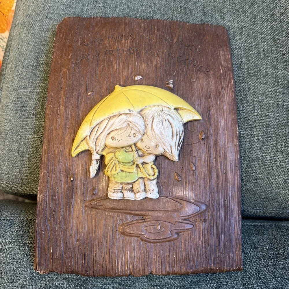 Vintage Handmade Friendship Wall Plaque Boy & Girl Under Yellow Umbrella